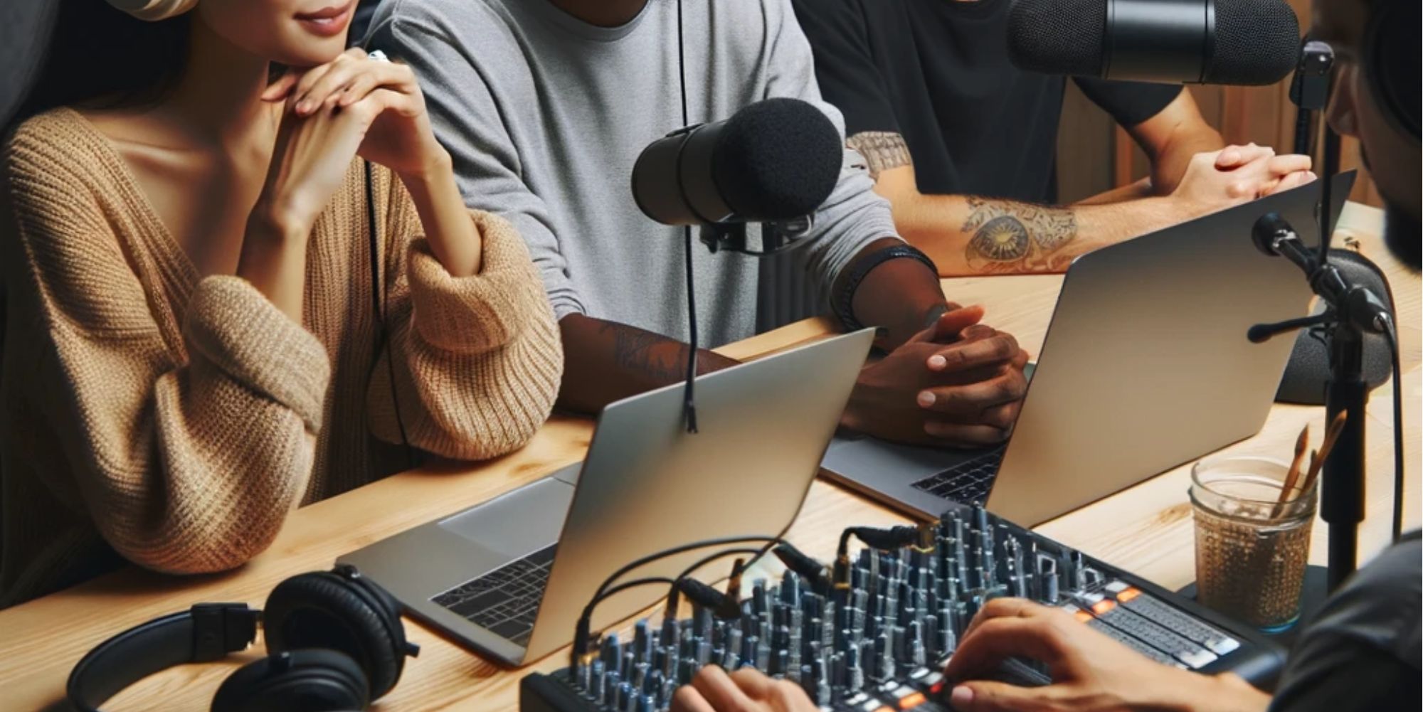 a diverse group of podcast hosts and a soundboard technician