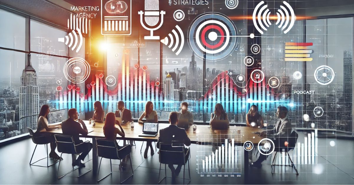 Blog banner image showcasing a modern marketing team collaborating in a vibrant office environment, with elements representing radio waves, podcast icons, and data analytics, symbolizing the role of an agency of record in managing advertising strategies