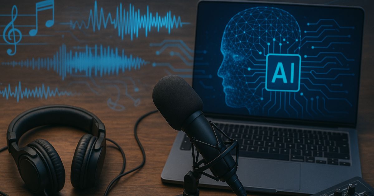 ai in podcasting visualized on a laptop with a microphone and headphones